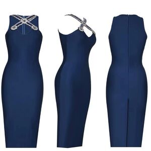 Navy Blue Stretchy Bandage Midi Bodycon Party Dress Embellished Beaded Neckline